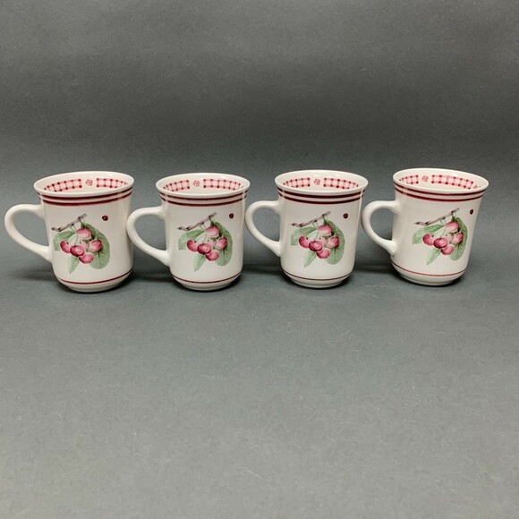 Pfaltzgraff Delicious Cherry Dessert Coffee Cups Mugs Red White Lot of 4 - Picture 1 of 8
